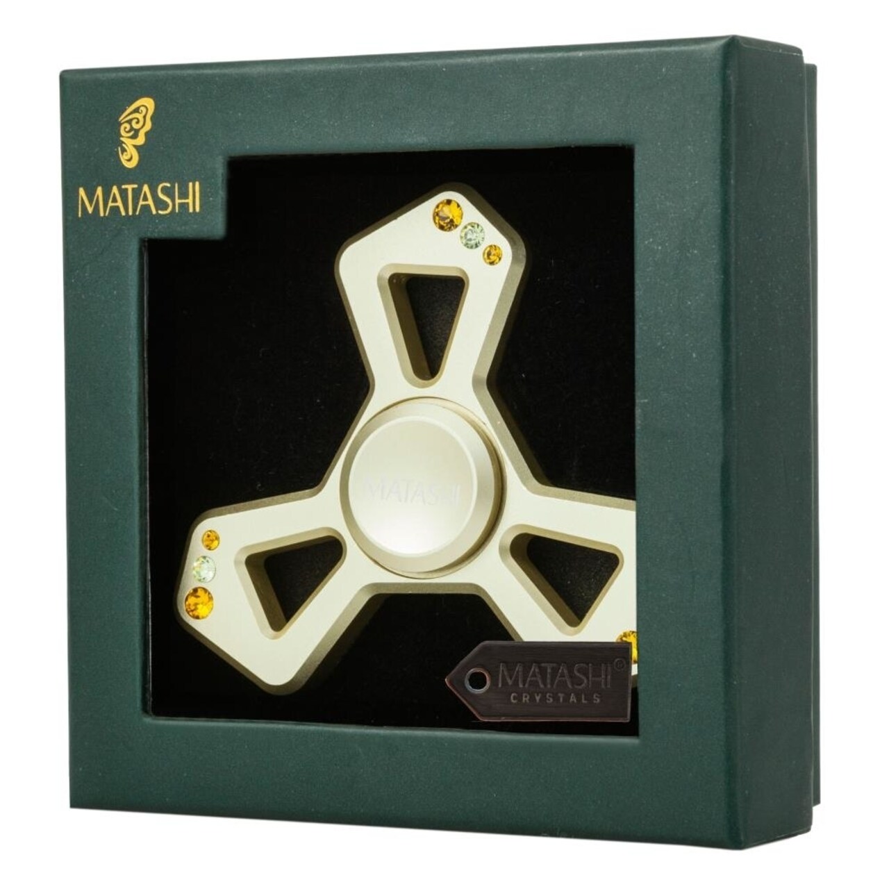 24K Gold Plated Hanging Christmas Tree Triangle Spinner Ornament W/ Matashi Crystals